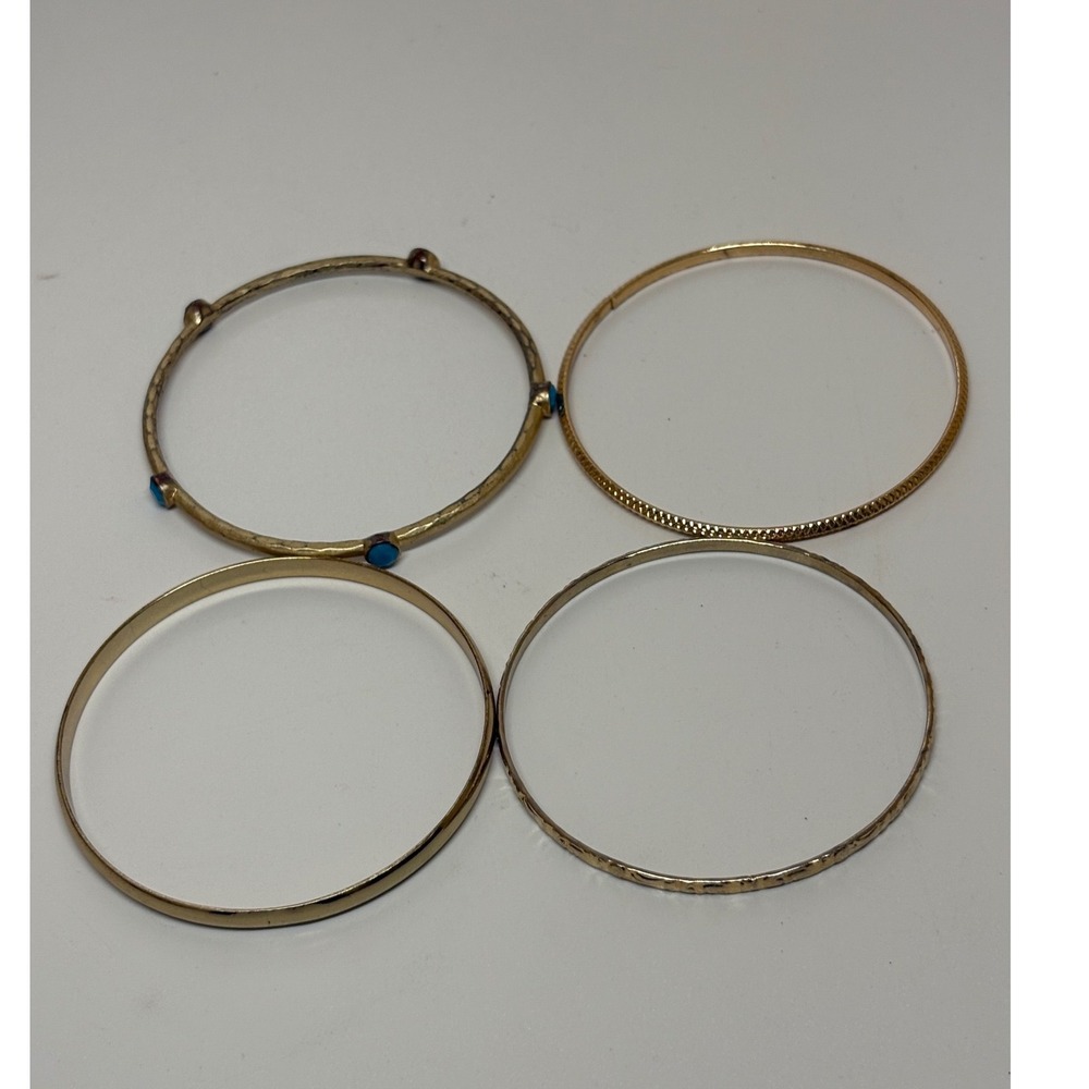 Set of 4 Gold Tone Bangle Bracelets Hammered Turquoise Etched Smooth Stackable